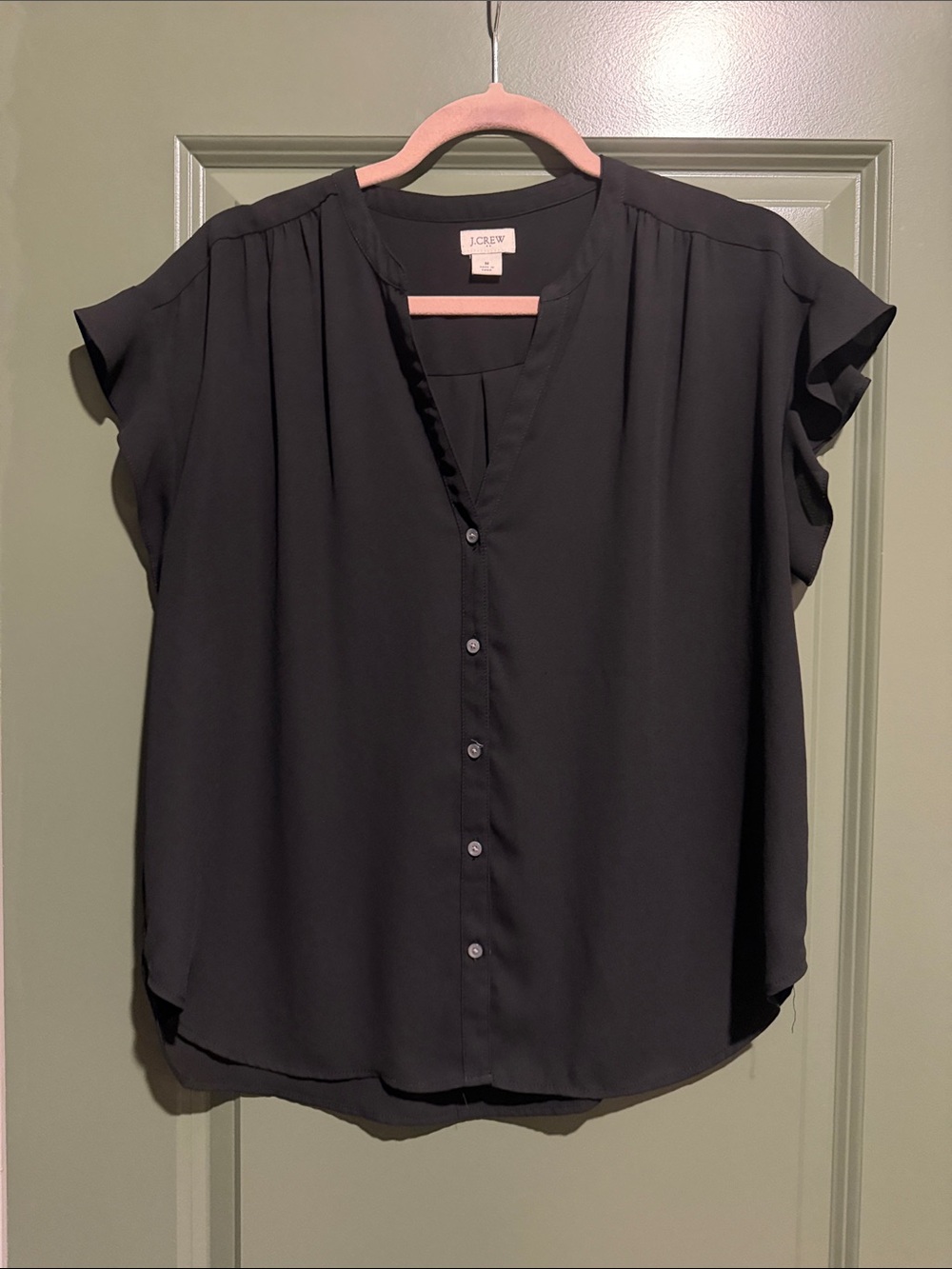 J. Crew Black Button-Front V‑Neck Flutter Sleeve Blouse